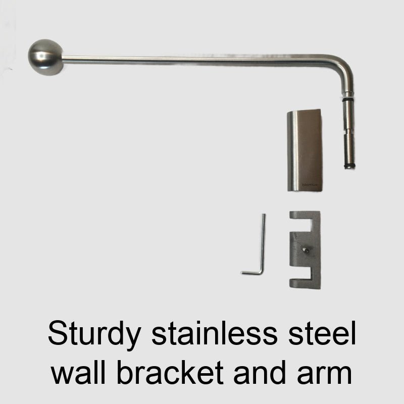 Tabletop Blomus LED Wall Mirror, 5x - Matt Stainless Steel - exploded view of wall arm - Rechargeable 65518 - The Magnifying Mirror Store