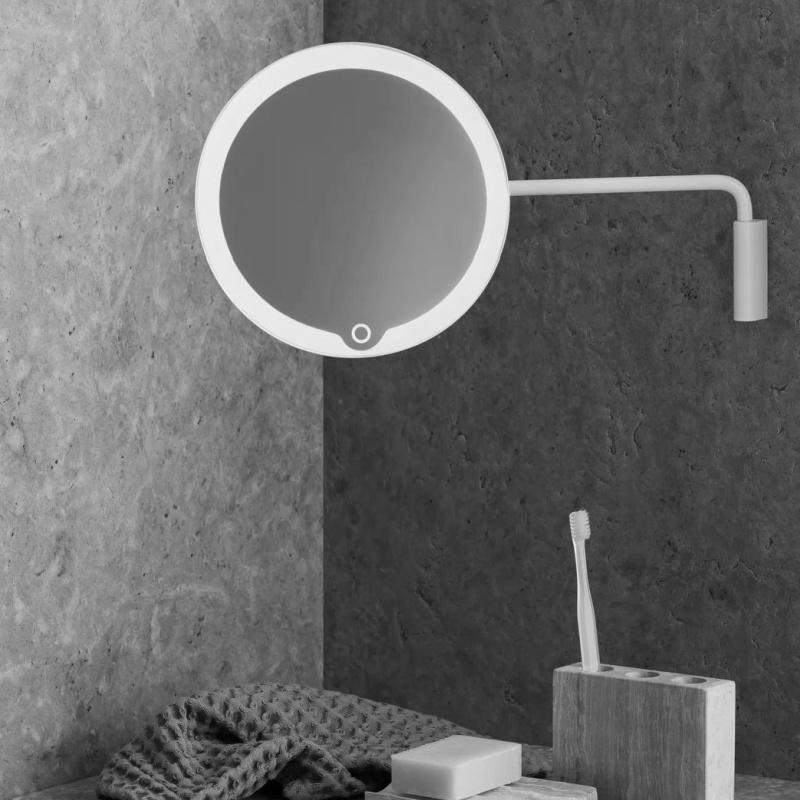 Tabletop Blomus LED Wall Mirror, 5x - Matt white- Rechargeable 65518 - mood photo installed in bathroom - The Magnifying Mirror Store