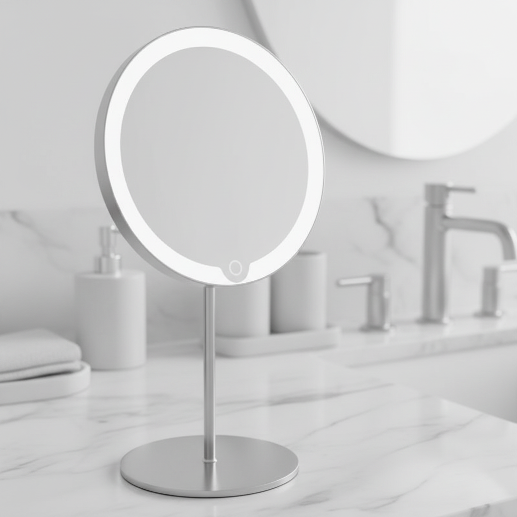 Blomus Matt Stainless Steel LED Vanity Mirror - Close-up on Vanity