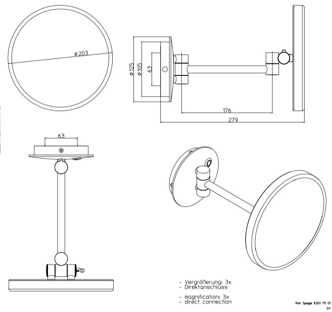 Emco Project LED Magnifying Wall Mirror, 3x Magnification  (Hardwired)