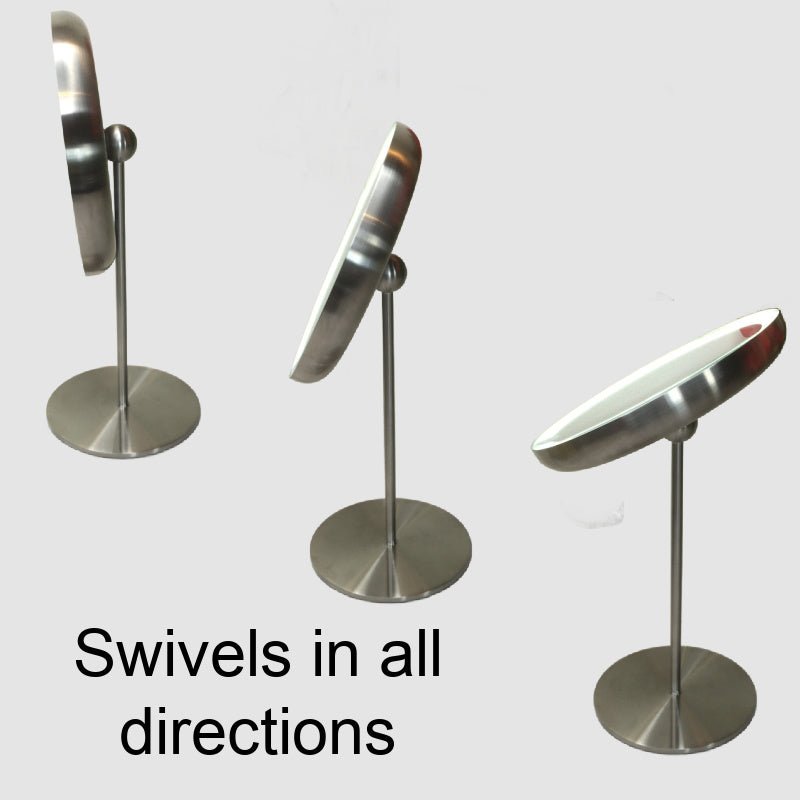 Tabletop Blomus LED Vanity Mirror, 5x - Matt Stainless Steel - side view - Rechargeable 65517 - The Magnifying Mirror Store