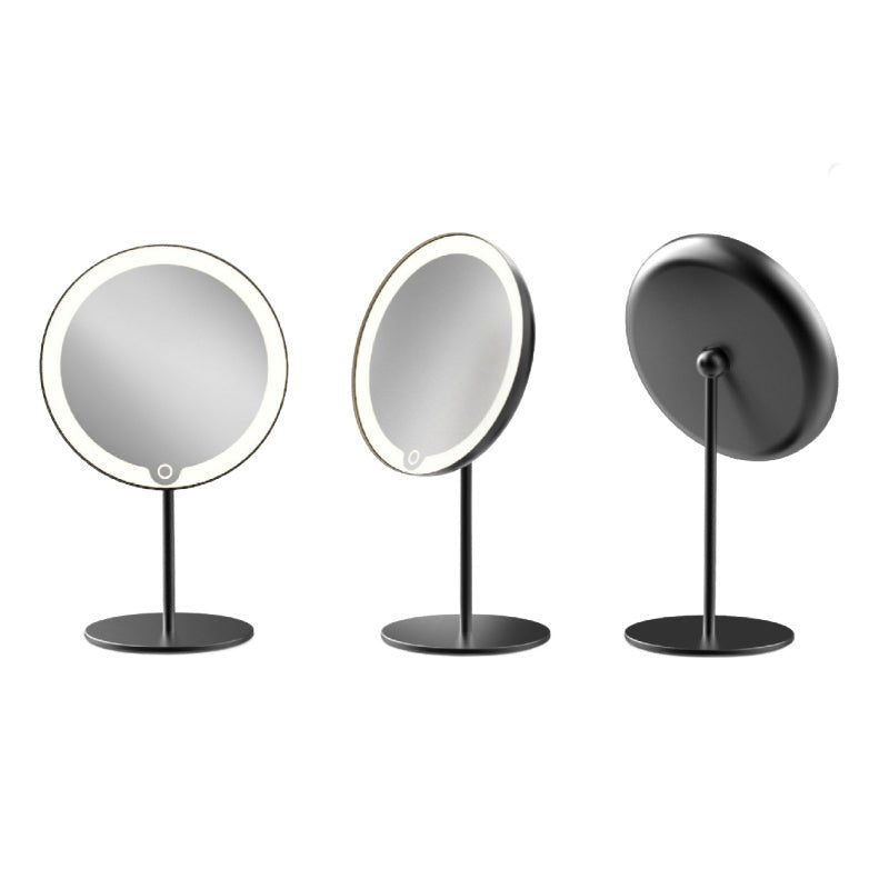 Tabletop Blomus LED Vanity Mirror, 5x - Rechargeable 65517 - black model from three angles - The Magnifying Mirror Store