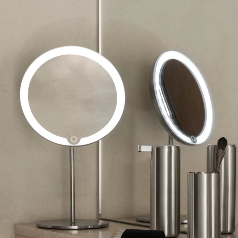 Tabletop Blomus LED Vanity Mirror, 5x - Matt Stainless Steel - Rechargeable 65517 - The Magnifying Mirror Store