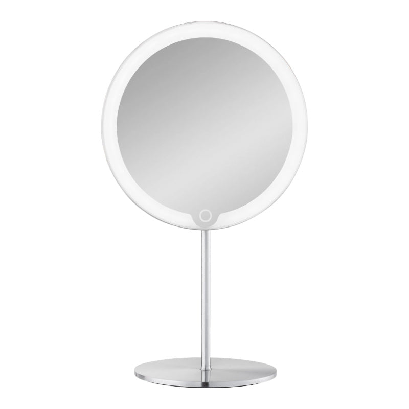 Tabletop Blomus LED Vanity Mirror, 5x - Matt Stainless Steel - Rechargeable -  65517 - on a white background - The Magnifying Mirror Store