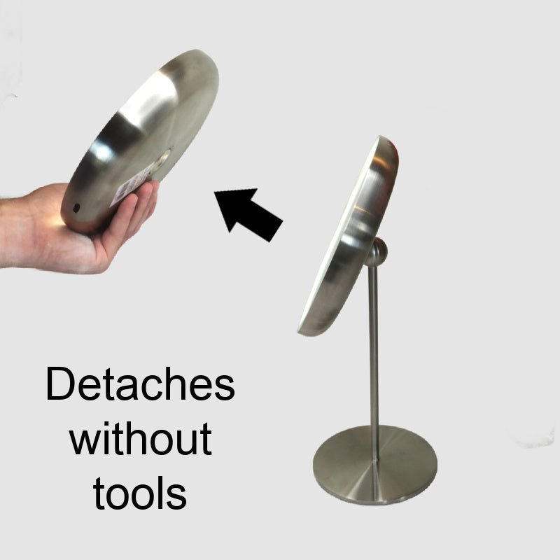 Tabletop Blomus LED Vanity Mirror, 5x - Matt Stainless Steel - side view - Rechargeable 65517 - The Magnifying Mirror Store