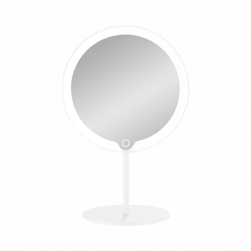 Tabletop Blomus LED Vanity Mirror, 5x - White Matt - shown on a white background - (Rechargeable) 66351 - The Magnifying Mirror Store