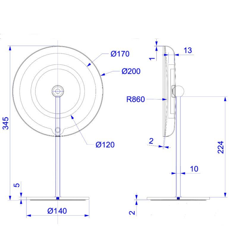 Tabletop Blomus LED Vanity Mirror, 5x - Matt black -dimension drawing - Rechargeable 65517 - The Magnifying Mirror Store