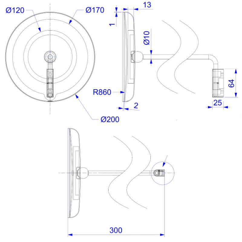 Tabletop Blomus LED Wall Mirror, 5x - dimension drawing - (Rechargeable) 65518 - The Magnifying Mirror Store
