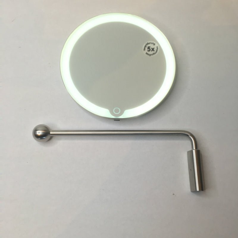 Tabletop Blomus LED Wall Mirror, 5x - Matt Stainless Steel - Rechargeable 65518 - on white background - The Magnifying Mirror Store