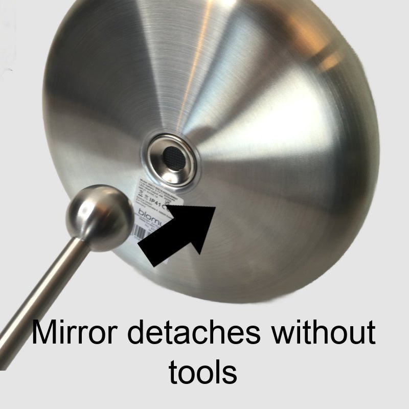 Tabletop Blomus LED Wall Mirror, 5x - Matt Stainless Steel - back view - Rechargeable 65518 - The Magnifying Mirror Store