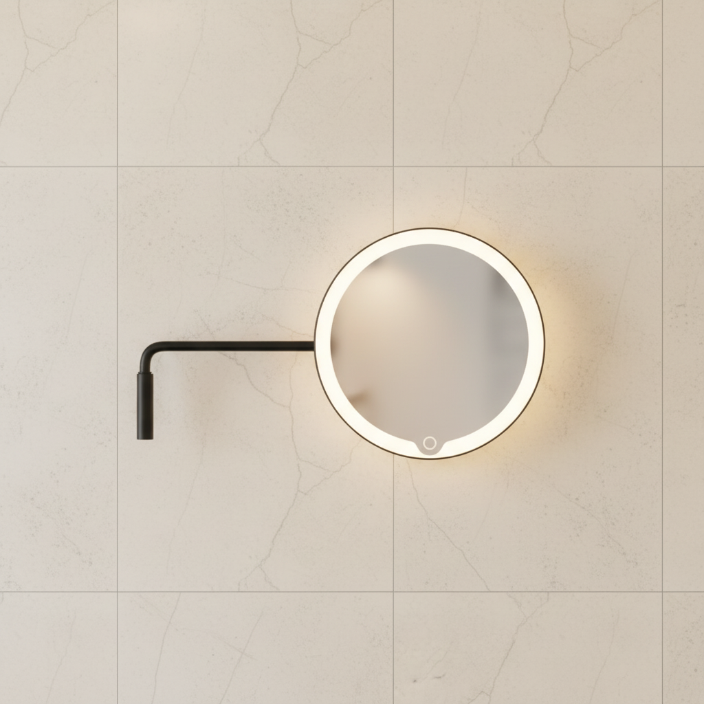 Blomus Matt Black LED Wall Mirror - On Tiled Wall