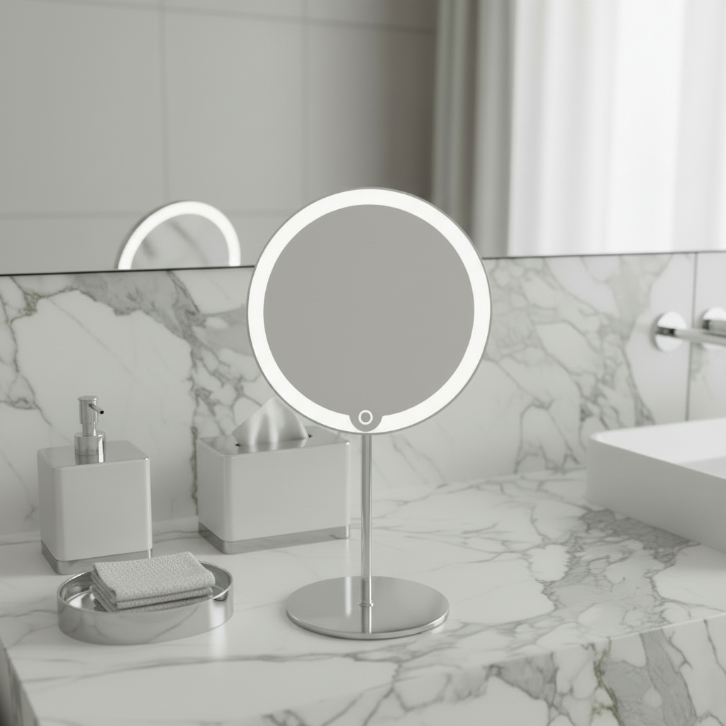 Blomus Polished Stainless Steel LED Vanity Mirror - Zoomed In Further