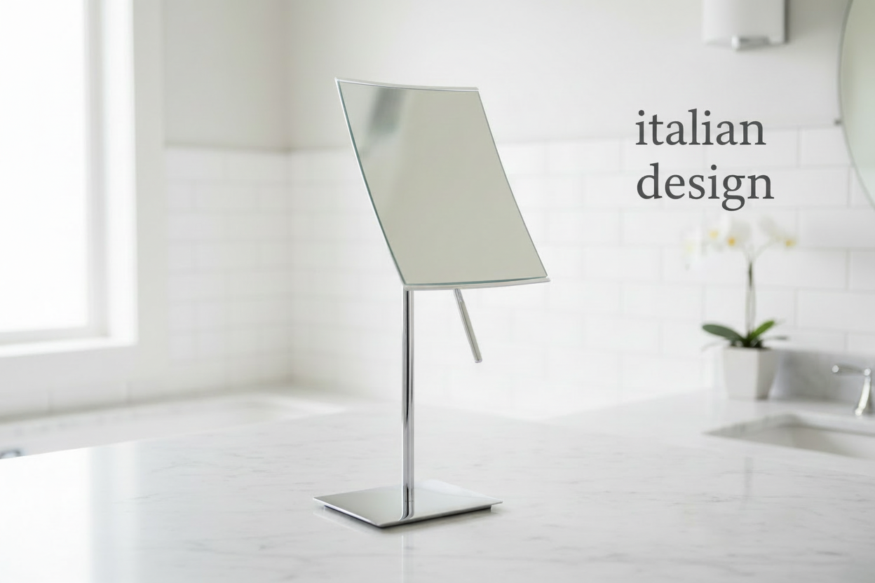 Chrome mirror with repositioned text