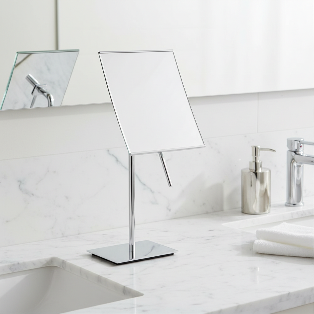 Chrome vanity mirror on bathroom countertop